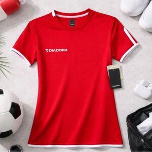 Diadora DiaDry Short Sleeve Women's Athletic Soccer Running Jersey Red White S